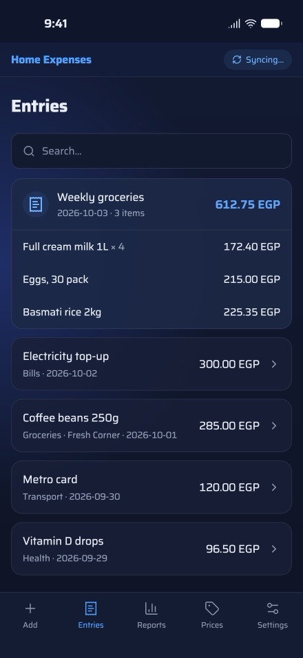 Masroof entries list with a scanned receipt and single purchases